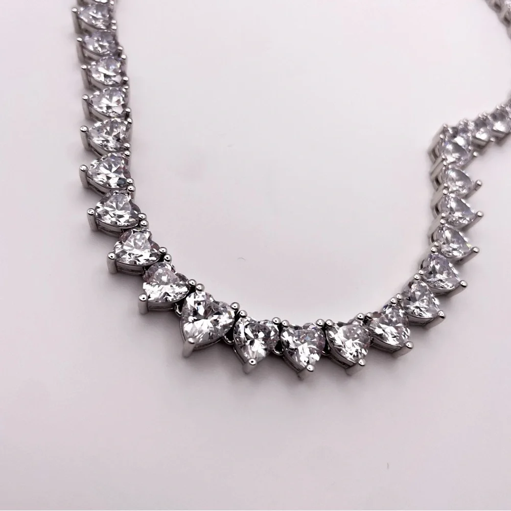 Silver Toned Heart Shaped Cubic Zirconia Tennis Necklace. 22 Inches. - Picture 7 of 13